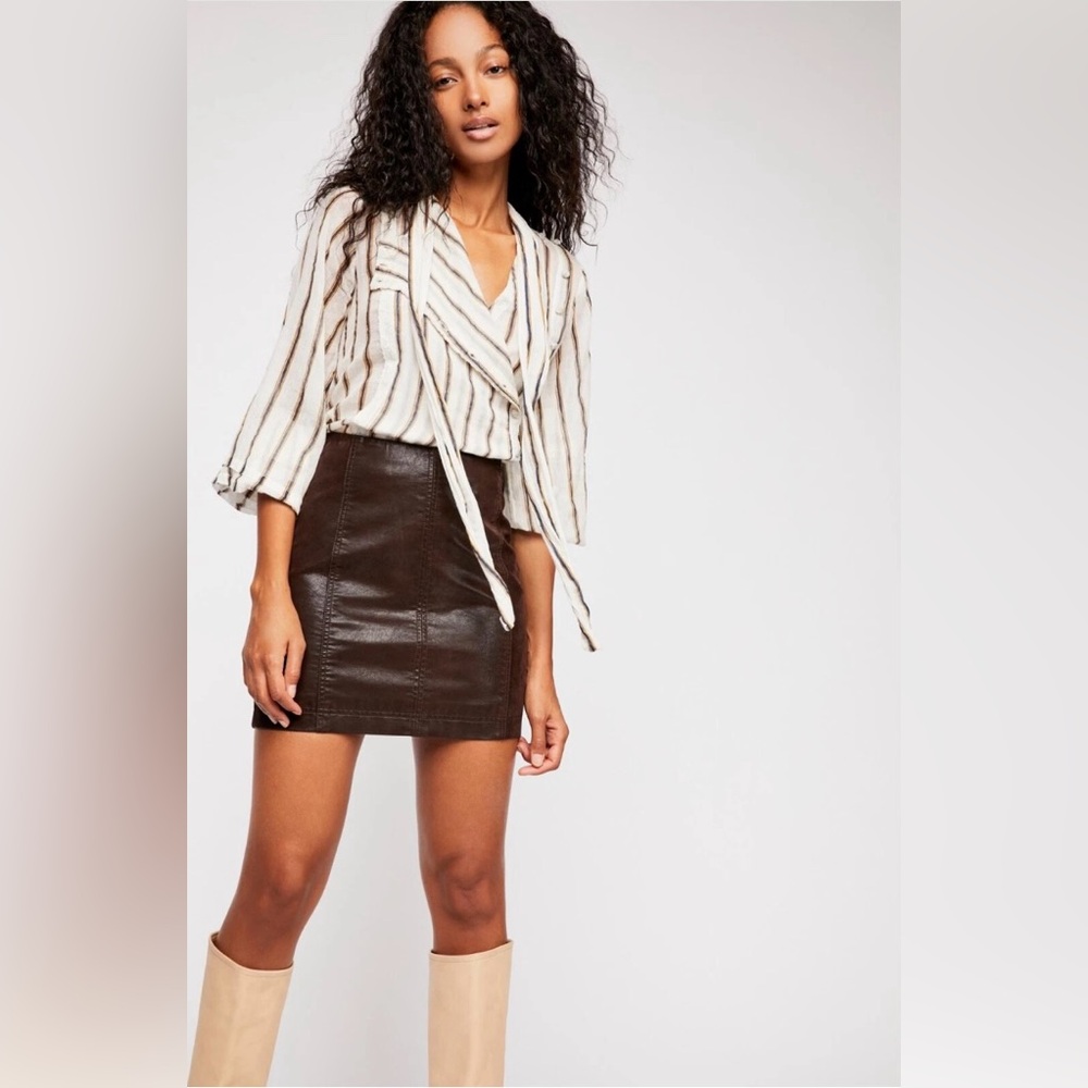 Free People Modern Femme Vegan Leather Mini Skirt. Chocolate Brown. Size S